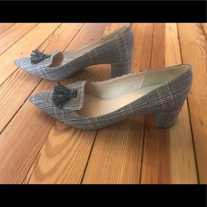 J Crew block heel tassel loafer in tweed